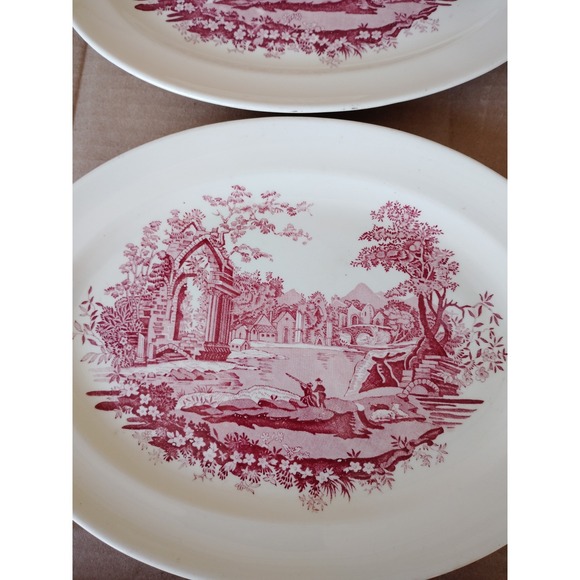 12" English Abbey Red Toile Transferware Oval Serving Platters 2 Set Lug Handle - Picture 4 of 4